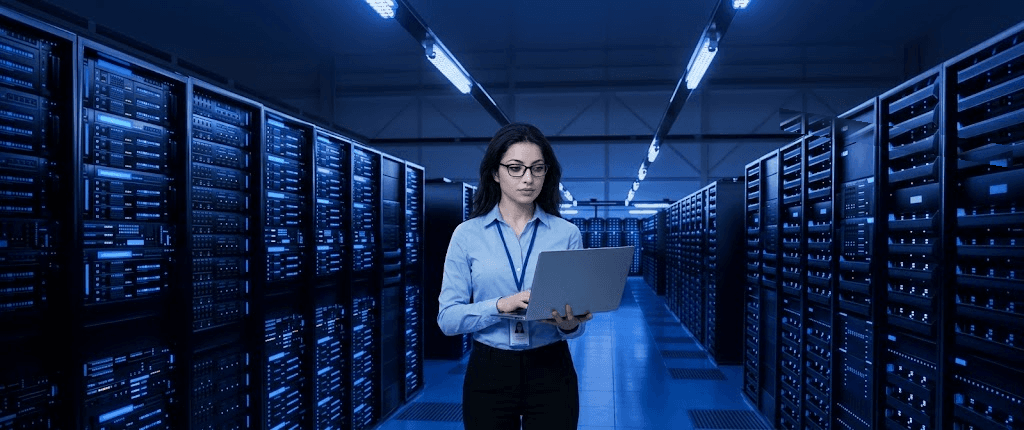 Engineer checking servers in the Alpha Core data center